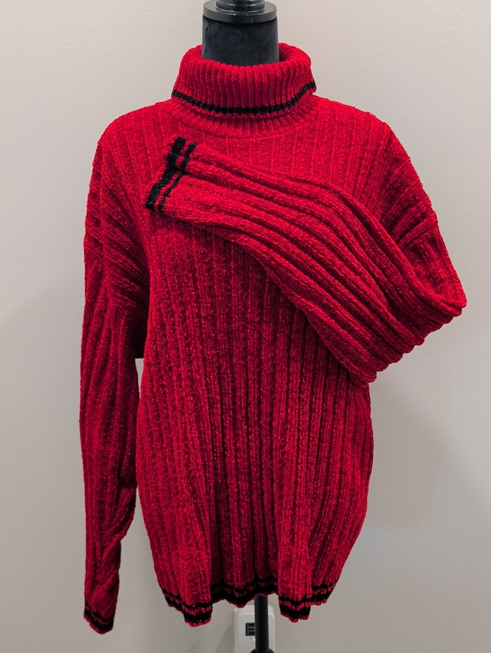 Vintage Cousin Johnny WARM Red Ribbed Turtleneck Sweater with Black Trim